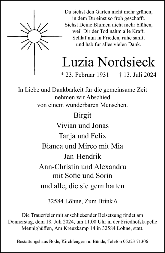 Traueranzeige von Luzia Nordsieck von Neue Westfälische