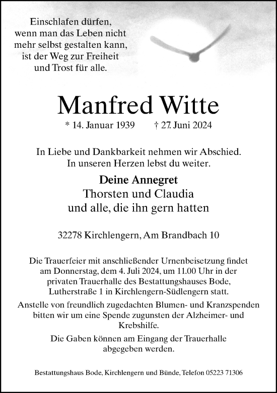 Traueranzeige von Manfred Witte von Neue Westfälische