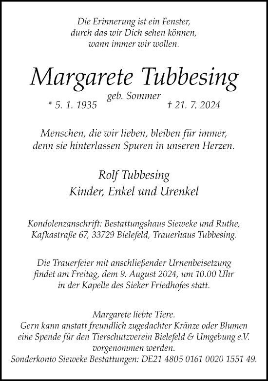 Traueranzeige von Margarete Tubbesing von Neue Westfälische