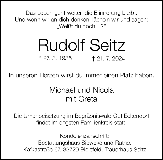 Traueranzeige von Rudolf Seitz von Neue Westfälische