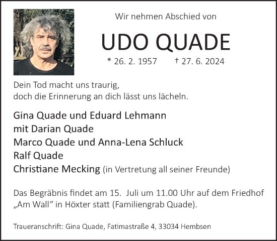 Traueranzeige von Udo Quade von Neue Westfälische