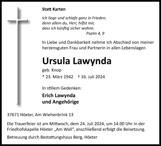 Traueranzeige von Ursula Lawynda von Neue Westfälische