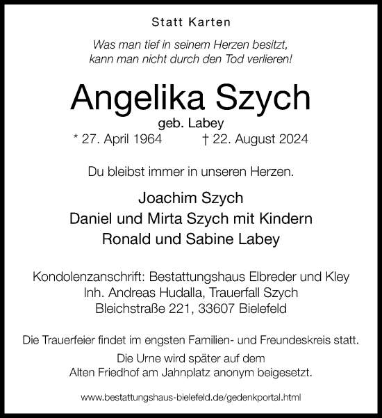 Traueranzeige von Angelika Szych von Neue Westfälische