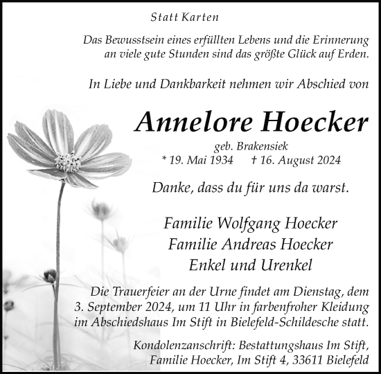 Traueranzeige von Annelore Hoecker von Neue Westfälische