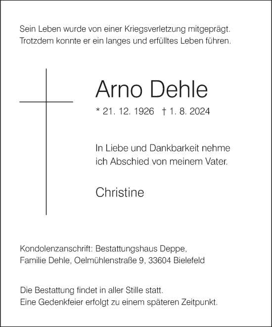 Traueranzeige von Arno Dehle von Neue Westfälische