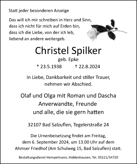 Traueranzeige von Christel Spilker von Neue Westfälische