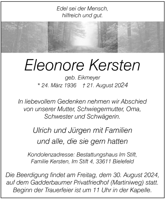 Traueranzeige von Eleonore Kersten von Neue Westfälische