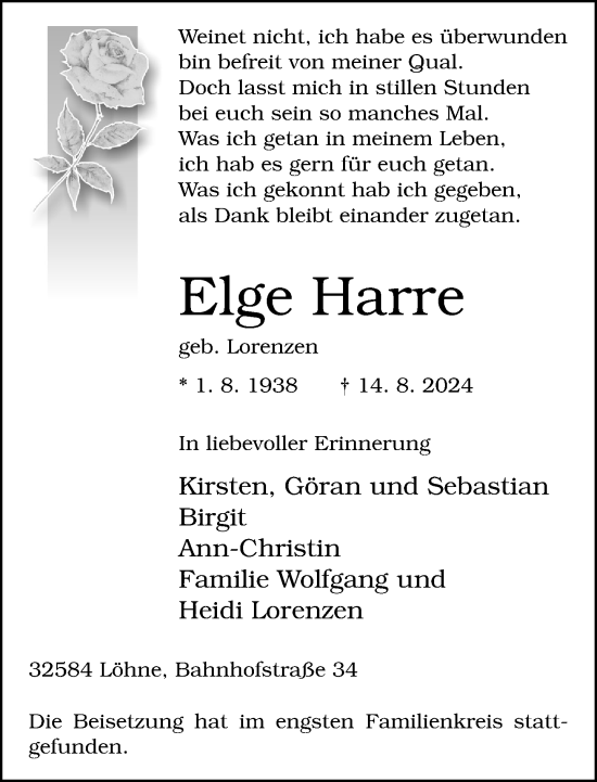 Traueranzeige von Elge Harre von Neue Westfälische