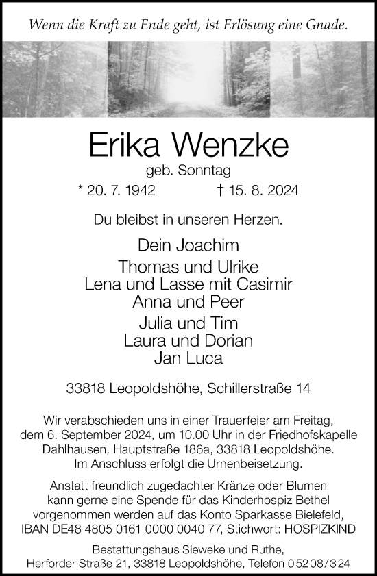 Traueranzeige von Erika Wenzke von Neue Westfälische