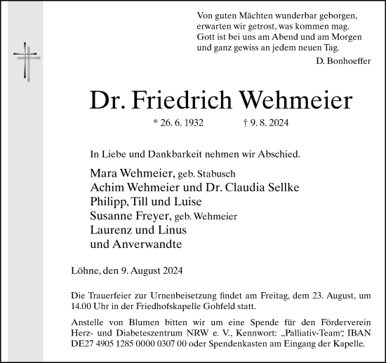 Traueranzeige von Friedrich Wehmeier von Neue Westfälische