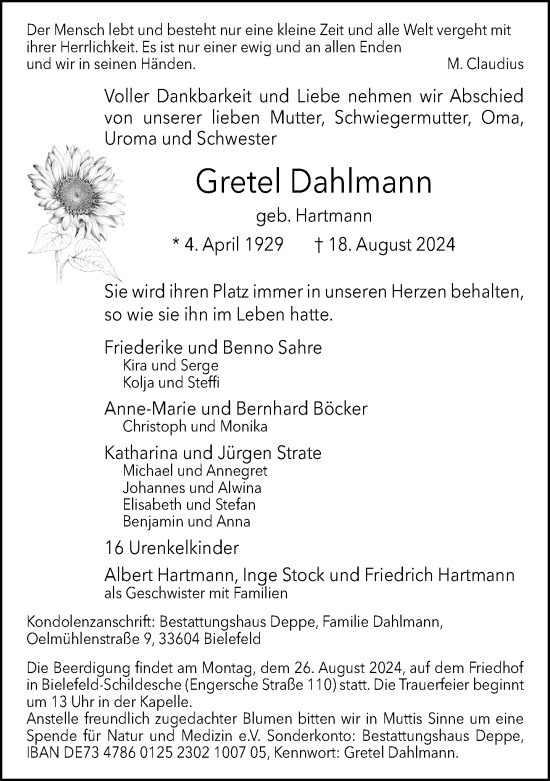 Traueranzeige von Gretel Dahlmann von Neue Westfälische