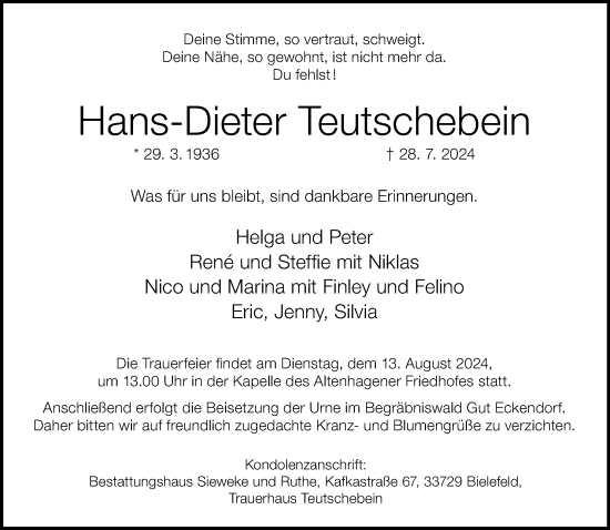 Traueranzeige von Hans-Dieter Teutschebein von Neue Westfälische