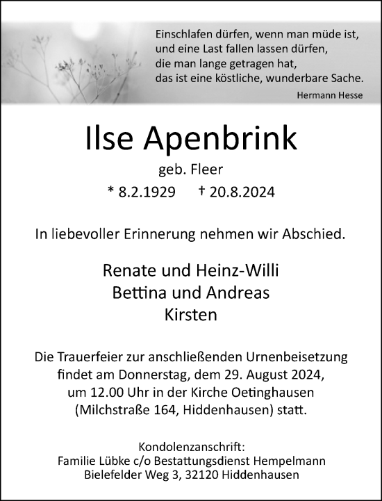 Traueranzeige von Ilse Apenbrink von Neue Westfälische