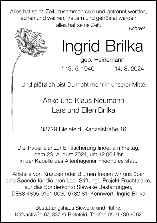 Traueranzeige von Ingrid Brilka von Neue Westfälische