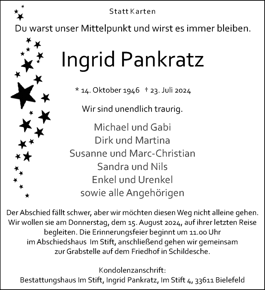  Traueranzeige für Ingrid Pankratz vom 03.08.2024 aus Neue Westfälische