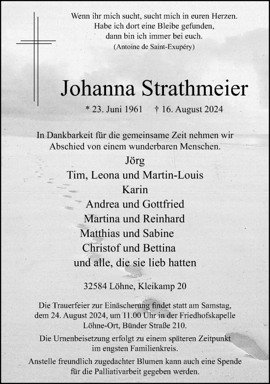 Traueranzeige von Johanna Strathmeier von Neue Westfälische