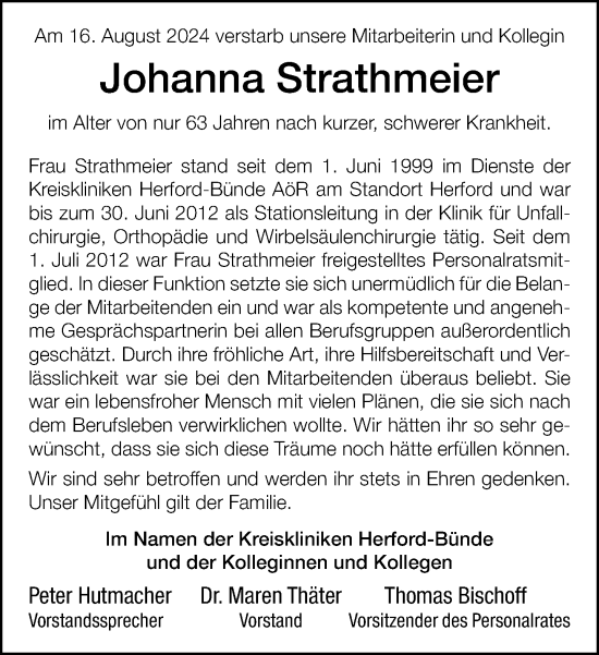 Traueranzeige von Johanna Strathmeier von Neue Westfälische