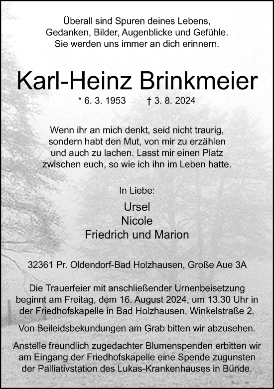 Traueranzeige von Karl-Heinz Brinkmeier von Neue Westfälische