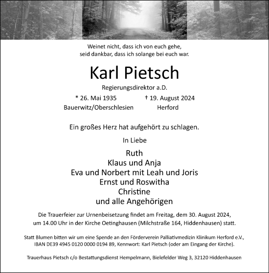 Traueranzeige von Karl Pietsch von Neue Westfälische