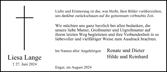 Traueranzeige von Liesa Lange von Neue Westfälische