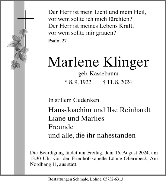 Traueranzeige von Marlene Klinger von Neue Westfälische