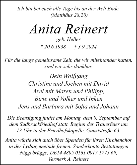 Traueranzeige von Anita Reinert von Neue Westfälische