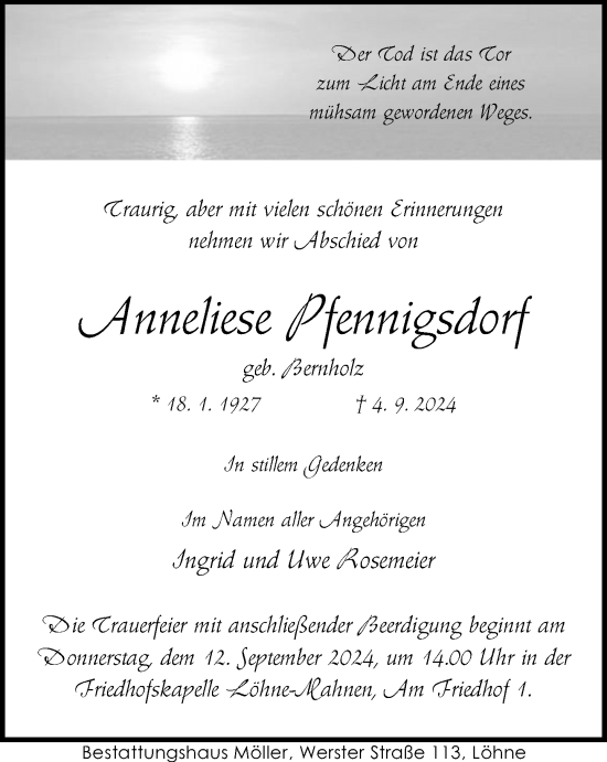 Traueranzeige von Anneliese Pfennigsdorf von Neue Westfälische