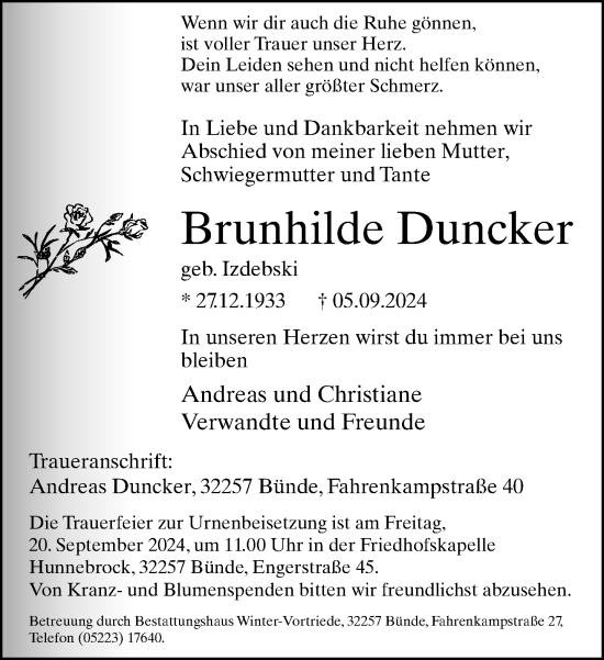 Traueranzeige von Brunhilde Duncker von Neue Westfälische