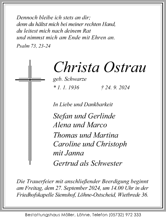 Traueranzeige von Christa Ostrau von Neue Westfälische