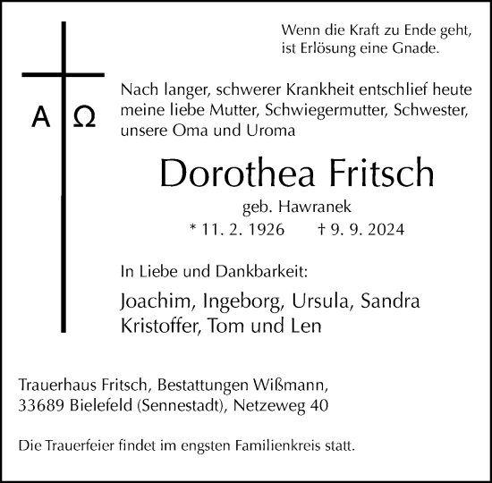 Traueranzeige von Dorothea Fritsch von Neue Westfälische