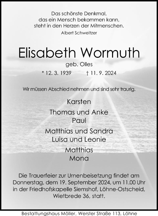 Traueranzeige von Elisabeth Wormuth von Neue Westfälische