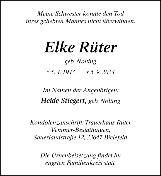 Traueranzeige von Elke Rüter von Neue Westfälische