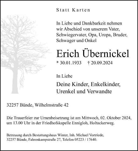 Traueranzeige von Erich Übernickel von Neue Westfälische