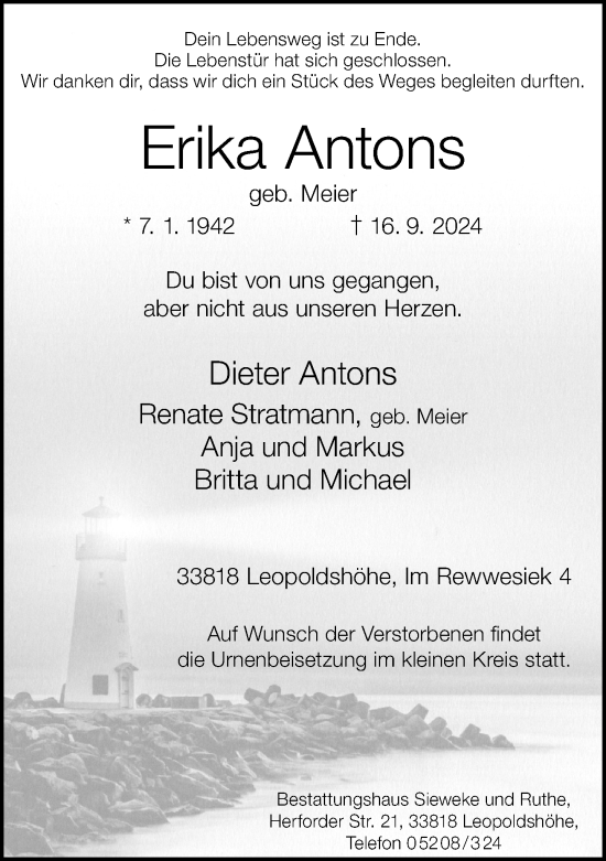 Traueranzeige von Erika Antons von Neue Westfälische