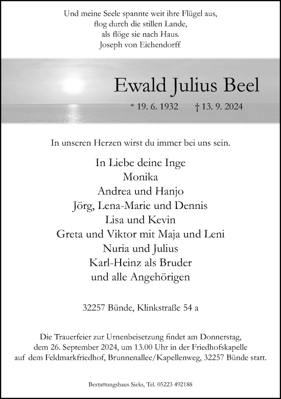 Traueranzeige von Ewald Julius Beel von Neue Westfälische