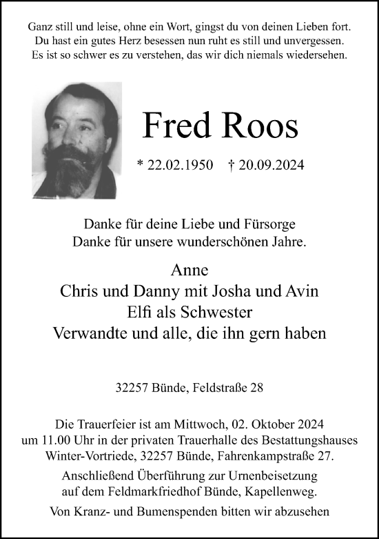 Traueranzeige von Fred Roos von Neue Westfälische