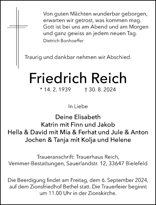 Traueranzeige von Friedrich Reich von Neue Westfälische