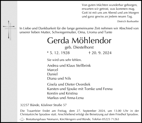 Traueranzeige von Gerda Möhlendor von Neue Westfälische