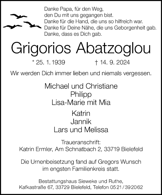 Traueranzeige von Grigorios Abatzoglou von Neue Westfälische