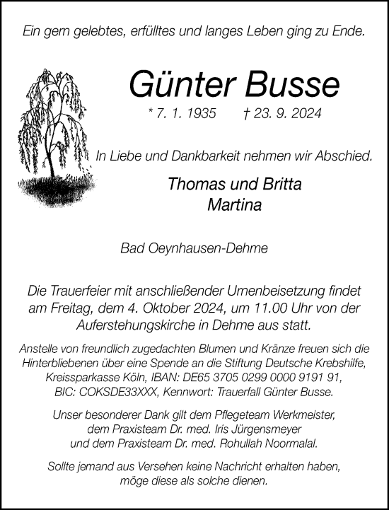 Traueranzeige von Günter Busse von Neue Westfälische