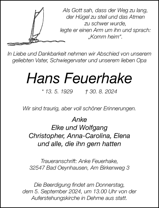 Traueranzeige von Hans Feuerhake von Neue Westfälische