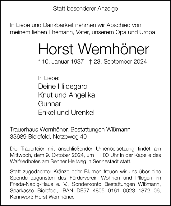 Traueranzeige von Horst Wemhöner von Neue Westfälische