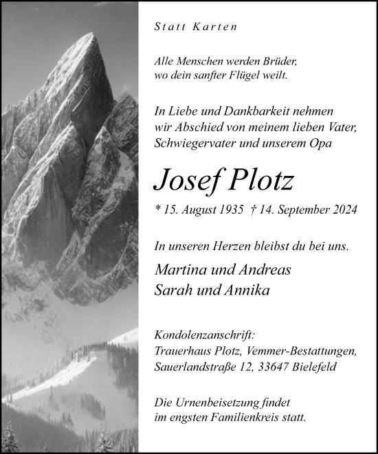 Traueranzeige von Josef Plotz von Neue Westfälische