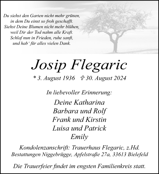 Traueranzeige von Josip Flegaric von Neue Westfälische