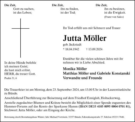 Traueranzeige von Jutta Möller von Neue Westfälische