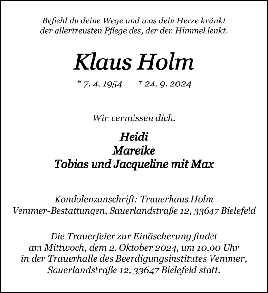 Traueranzeige von Klaus Holm von Neue Westfälische