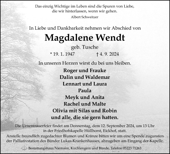 Traueranzeige von Magdalene Wendt von Neue Westfälische