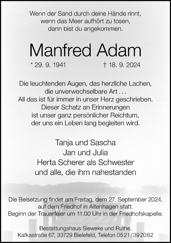 Traueranzeige von Manfred Adam von Neue Westfälische