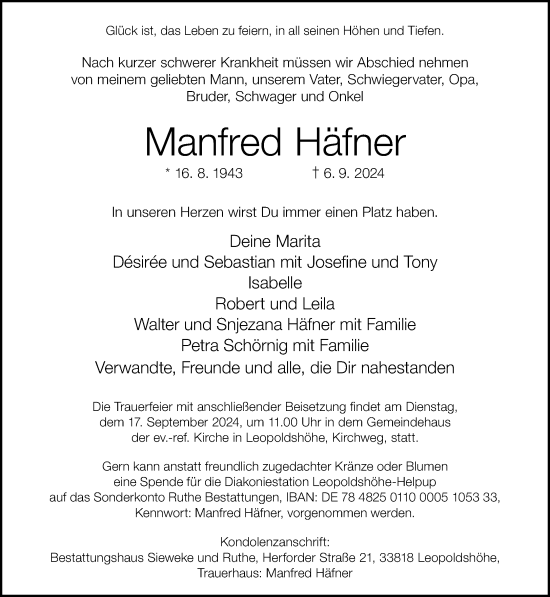 Traueranzeige von Manfred Häfner von Neue Westfälische