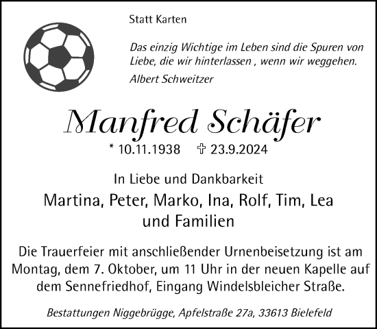 Traueranzeige von Manfred Schäfer von Neue Westfälische